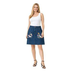 New ModCloth X Princess Highway 8 Denim Skirt W/ Floral & Cat Embroidery Blue